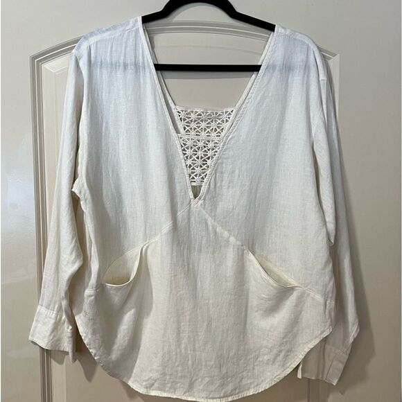 FREE PEOPLE Just Cruisin Linen Blend Top Pockets Crochet Deep V Ivory Women’s XS - Picture 4 of 8